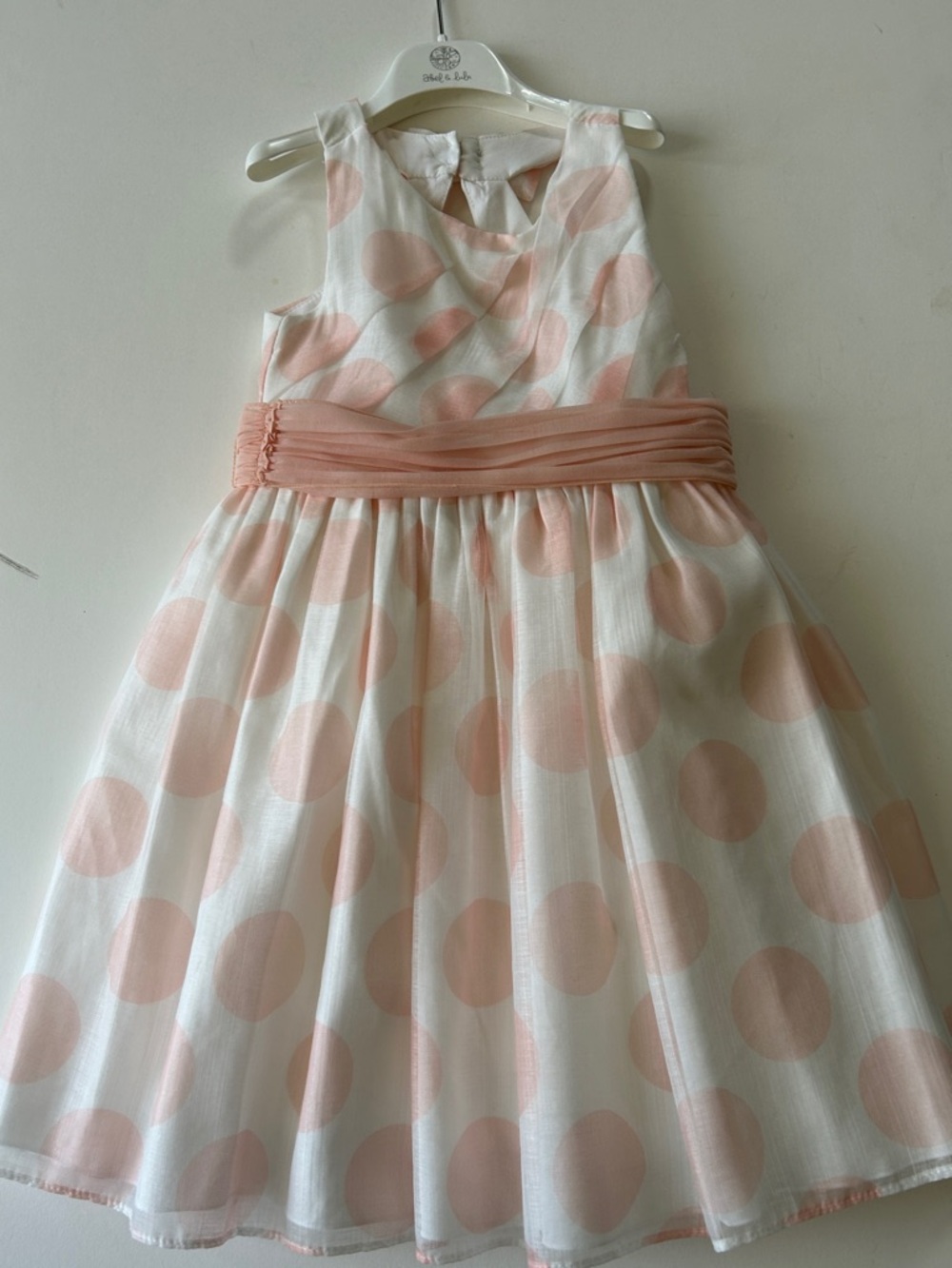 Abel & Lula Girls' Cream and Light Peach Polka Dot Elegant Dress with Sash. NWT